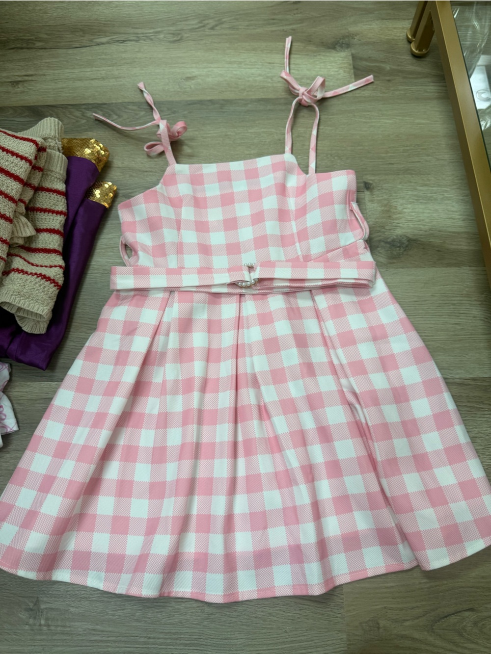 Girls Barbie Costume (Pink and White Gingham Tie-Strap Sundress)
